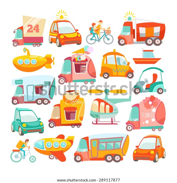 Big set of cute cartoon cars for kids design.\
Vector illustration for wrapping, package,wallpaper, poster, web\
design. Set of design elements containing various cartoon cars,\
boats, bus, helicopter