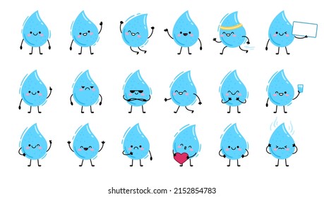 Big Set cute cartoon characters blue water drops. Vector illustration isolated on white background