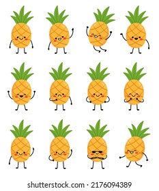 Big Set cute cartoon characters pineapples. Pineapple with arms and legs, with different emotions. Vector illustration isolated on white background