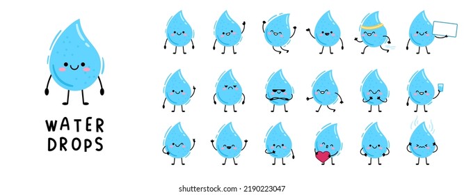 Big Set lindo personajes de dibujos animados gotas de agua azul. Ilustración vectorial aislada en fondo blanco. Mascota