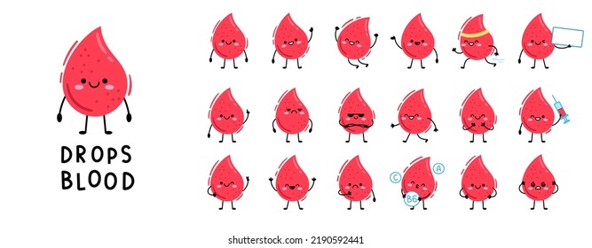 Big Set lindo personajes de dibujos animados gotas rojas de sangre. Ilustración del vector aislada en fondo blanco