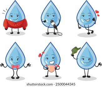 Big Set cute cartoon characters blue water drops Mascot. Vector illustration isolated on white background.