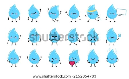 Big Set cute cartoon characters blue water drops. Vector illustration isolated on white background