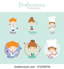 Big set of cute cartoon children in professions. Various professions for little boys and girls. Vector illustration. Isolated elements on background. 