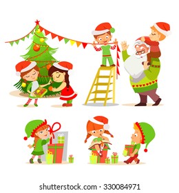 Big set of cute cartoon Christmas elves with Santa decorating Christmas tree and making Christmas gifts. Christmas elves icon set. Vector illustration isolated on white