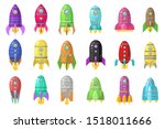Big set of cute cartoon colored rockets isolated on white. Vector.