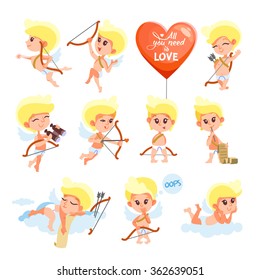 Big set of cute cartoon cupids isolated on white background. Vector illustration