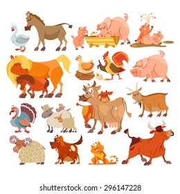 Grande conjunto de animais bonitos desenhos animados da fazenda: burro, família de porcos, cavalos, frango e galo, Turquia, família de ovelhas, vaca, cabra, cão, gato. Ilustração vetorial com elementos de design isolados em fundo branco