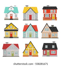 big set of cute cartoon houses facades. Simple colorful houses in flat style. can be used like stickers or posters