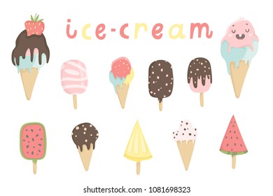 Big set of cute cartoon ice creams stickers. Cute illustrations of ice cream can be used as stickers, patches or pins collection and more.