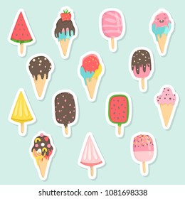 Big set of cute cartoon ice creams stickers. Cute illustrations of ice cream can be used as stickers, patches or pins collection and more.