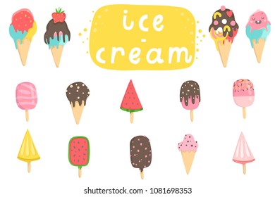 Big set of cute cartoon ice creams stickers. Cute illustrations of ice cream can be used as stickers, patches or pins collection and more.