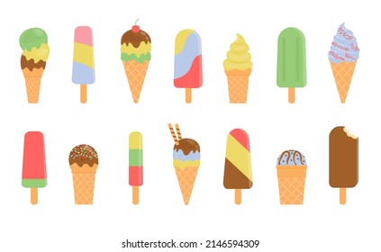 Big set of cute cartoon ice creams.Vector illustration of healthy food for takeout, bar or restaurant menu.