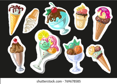big set of cute cartoon ice creams stickers. cute stickers, patches or pins collection