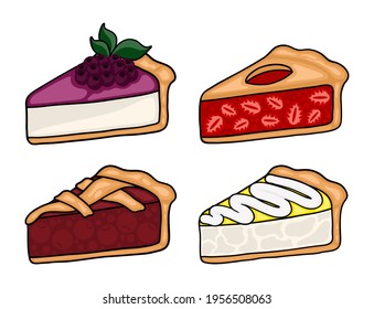 Big set with cute cartoon icon pie. Hand drawn slice of traditional American baked dessert. Isolated vector illustration.