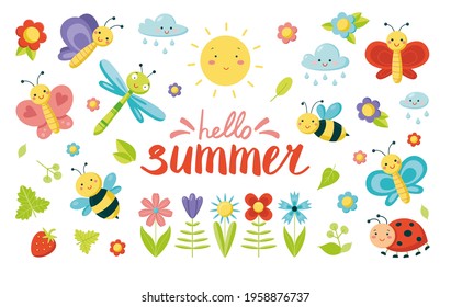 Big set with cute cartoon insects, flowers, clouds, sun and hand lettering phrase. Hello summer. Flat vector illustration isolated on a white background.