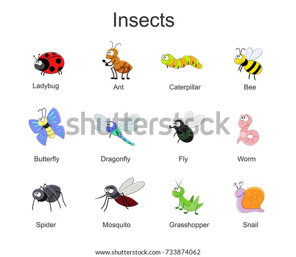 Big Set Cute Cartoon Insects Vector Stock Vector (Royalty Free) 733874062