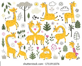 Big set of cute cartoon little giraffes and items. Isolated elements for stickers, cards, invites and posters