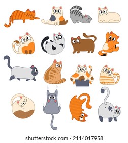 Big set of cute cartoon multi-colored cats. FStriped and spotted funny cats sitting, lying down, playing, sleeping. Happy pet. Vector illustration isolated on white background.  