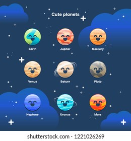 Big set of cute cartoon planets with funny faces. Solar system stickers set. Vector graphic
