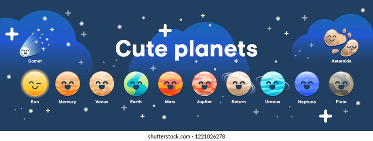 Big set of cute cartoon planets with funny faces. Solar system stickers set. Vector graphic
