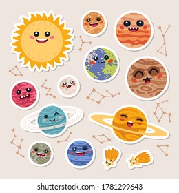 Gran conjunto de lindos planetas de dibujos animados pegatinas.