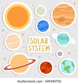 big set of cute cartoon planets stickers. cute stickers, patches or pins collection. solar system stickers set
