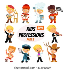 Big set of cute cartoon professions for kids. Painter, hockey-player, cook, racer, bandmaster, postman, journalist,farmer. Funny cartoon boys. Professions icon set. Vector illustration