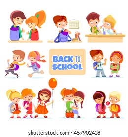 Big set of cute cartoon pupils,boys and girls spending time funny at school:kids learning,kids playing.Vector icon set isolated on white background