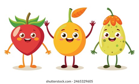 Big Set cute cartoon realistic fruits characters