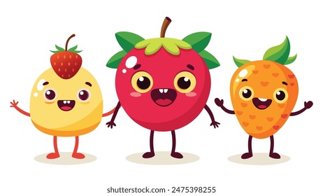 Big Set cute cartoon realistic fruits characters