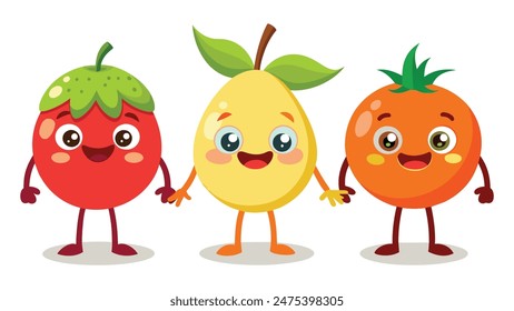 Big Set cute cartoon realistic fruits characters