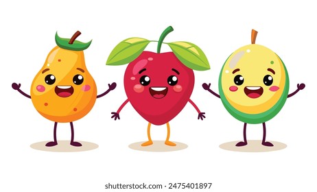 Big Set cute cartoon realistic fruits characters