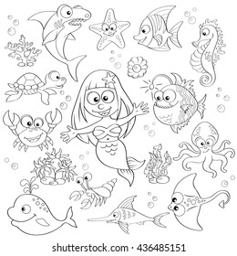 Big set of cute cartoon sea animals and mermaid. Black and white vector illustration for coloring book
