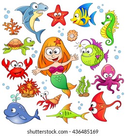 Big set of cute cartoon sea animals and mermaid.