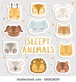 big set of cute cartoon sleepy animals stickers. cute stickers, patches or pins collection. cute animals stickers set