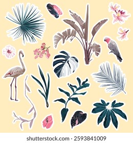 Big set of cute cartoon tropical stickers with palm leaves, flowers and flamingos. Cute stickers, patches or pins collection. Tropical vibes stickers big set.