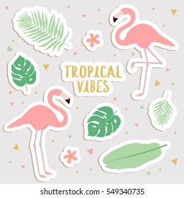 big set of cute cartoon tropical stickers with palm leaves and flamingos. cute stickers, patches or pins collection. tropical vibes stickers set