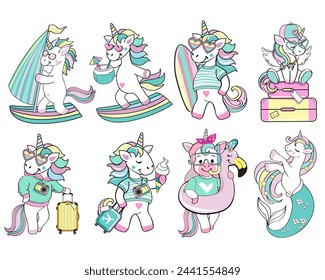 Big set with cute cartoon unicorns. Summer concept vector illustration on a white background