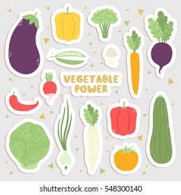 big set of cute cartoon vegetables stickers. cute stickers, patches or pins collection. vegetable power stickers set