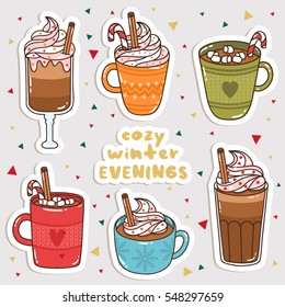 big set of cute cartoon winter drinks stickers. cute stickers, patches or pins collection. cozy winter evenings stickers set