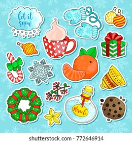 Big set of cute cartoon winter stickers, badges, patches. Christmas doodle collection, hand drawn new year elements. Seamless pattern for your design. Vector clip-art.