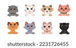 Big set of cute cat portraits of different breeds. Bundle of pet animals isolated on white background. Cartoon vector illustration with funny and happy kitten characters
