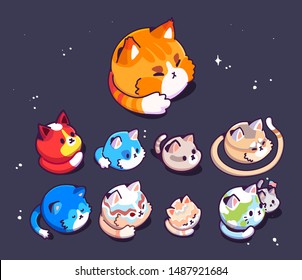 Big set of cute cats planets in space. Vector illustration. Flat design. Concept for children print. can be used for sticker, patch, phone case, poster, t-shirt.