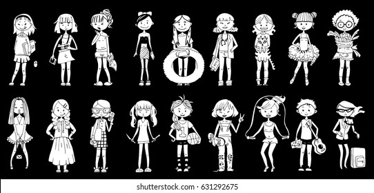 Big Set of Cute and Characters Cartoon Girls.  Active Girls and their Different Professions. 