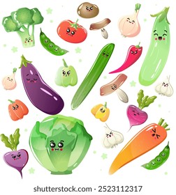 Big set of cute characters kawaii veggies. Vector illustration of healthy food on white background. Cute characters with different emoji and bright cartoon style