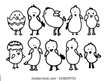 Big Set cute chicks. Vector outline doodle illustration isolated on white background. Concept happy Easter. Desing animation, children textile, coloring book, stikers,T-shirt, print.