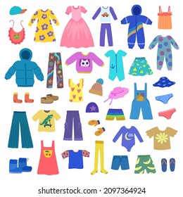 Big set of cute children's wear isolated on white background.Trendy vector hand drawn illustration in pastel colors.