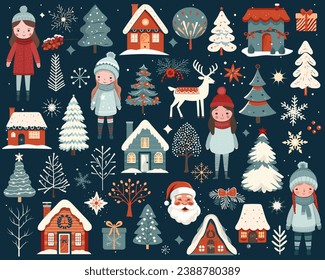 Big set of cute christmas elements. Scandi christmas illustration, houses, snowy trees, girls, deer, santa claus.