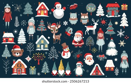 Big set of cute christmas elements. Winter characters. Merry Christmas set with Santa, animals, gnomes, houses, snowy trees, girls, deer. For banners, cards.